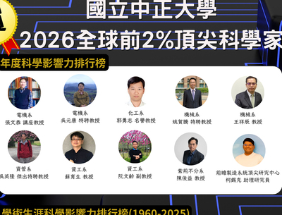 全球前2%頂尖科學家榜單　中正大學25名學者入榜